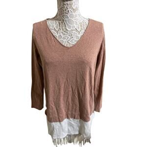 J.Jill Layered Look Knit Top – Soft Brown + White Hem – Women’s Medium Boho Chic